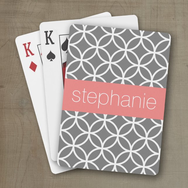 Jeu De Cartes Nom personnalisé du Motif géométrique gris et blan (Personalized playing cards with a geometric pattern and a place for a name)