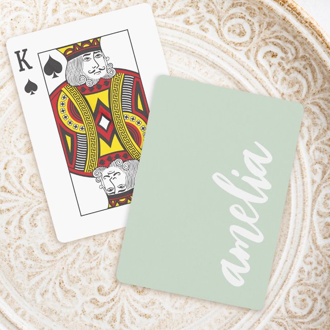 Jeu De Cartes Nom personnalisé écriture vert sauge clair et blan (Custom name script light sage green and white poker cards)