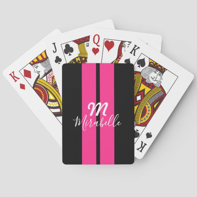 Jeu De Cartes Nom personnalisé Hot Rose Racing Stripe Monogramme (dos)