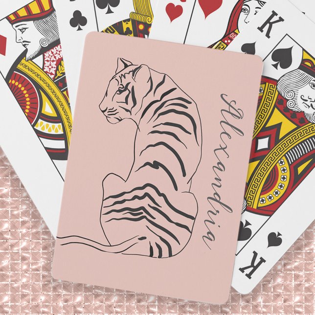 Jeu De Cartes Nom rose pâle du tigre d'art (Line art drawing tiger playing cards personalized with your name or any text you choose.)