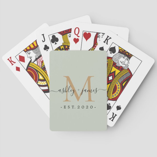 Jeu De Cartes Nouveau marié M. Mme Monogram Noms Année Gold Gree (dos)