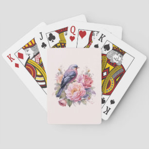 Jeu De Cartes Oiseau chanteur debout sur des pivoines roses