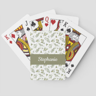Jeu De Cartes Olives Vert Sage Monogramme Nom Aquarelle