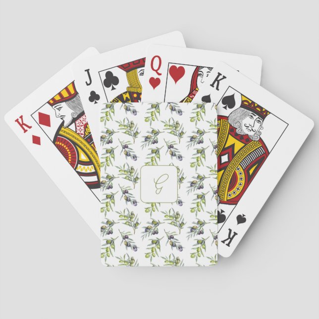 Jeu De Cartes Olives Vert Sauge Monogramme Nom Aquarelle (dos)