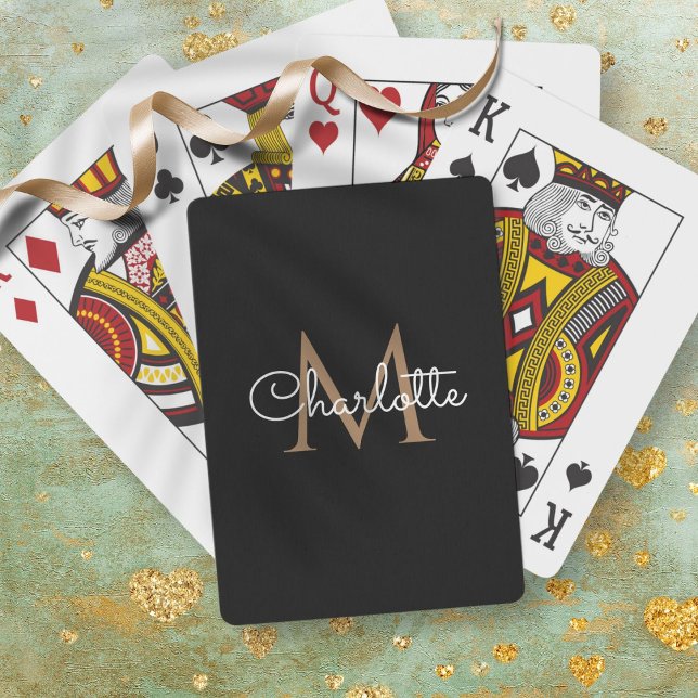 Jeu De Cartes Or Monogramme Noir Élégant Écriture Féminine (Black Gold Monogram Elegant Girly Script Playing Cards)