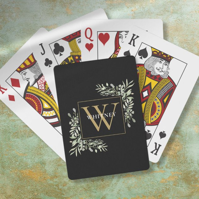 Jeu De Cartes Or Monogramme Vert Personnelisé  (Black Gold Monogram Greenery Personalized Poker Cards)