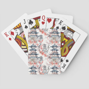 Jeu De Cartes Pagode chinoise aquarelle aux fleurs de cerisiers