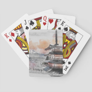 Jeu De Cartes Pagode japonaise et Fuji à l'aquarelle