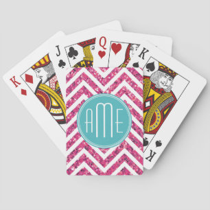 Jeu De Cartes Paillettes roses et monogramme personnalisé mint