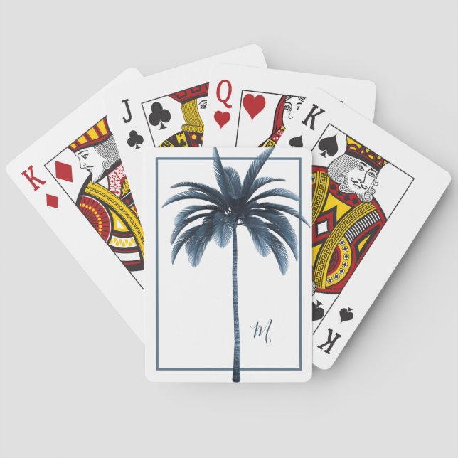 Jeu De Cartes Palmier Blanc Bleu Tropical Élégant Monogramme (dos)
