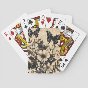 Jeu De Cartes Papier parchemin fleur sauvage papillon noir blanc