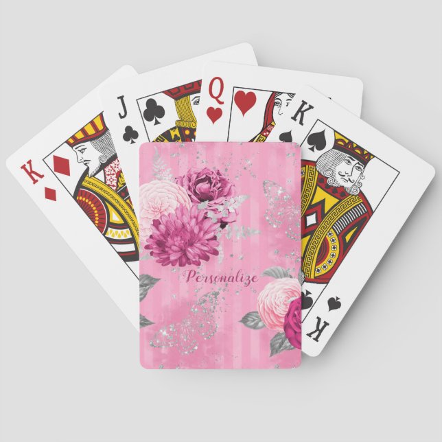 Jeu De Cartes Papillon de Parties scintillant en argent Roses ro (dos)