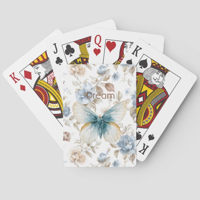 Jeu De Cartes Papillon Fleurs Marron Crème Bleu Tan (dos)