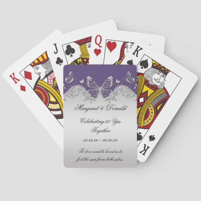 Jeu De Cartes Papillons Ornés Argent Violet 25e Anniversaire (dos)