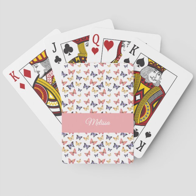 Jeu De Cartes Papillons Rose Violet Monogramme Nom (dos)