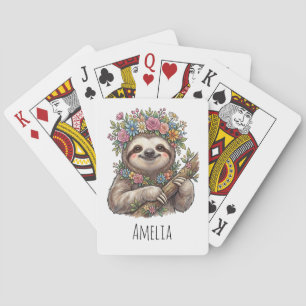 Jeu De Cartes Paresseux floral mignon personnalisé avec couronne