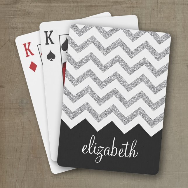 Jeu De Cartes Parties scintillant noire et argent Imprimer Chevr (Personalized playing cards with a zig zag pattern and a place for a name or monogram)