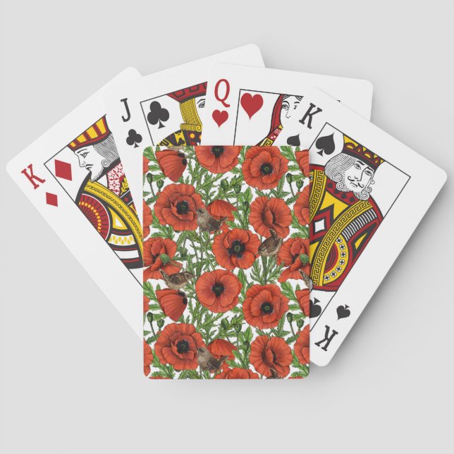 Jeu De Cartes Pavot rouge et brindilles, feuilles verts sur blan (dos)