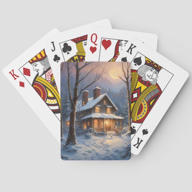 Jeu De Cartes Peinture de cabane rustique bleue marron en hiver  (dos)
