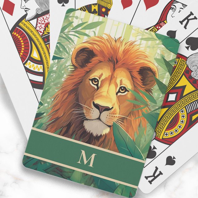 Jeu De Cartes Peinture de jungle de lion monogramme initial (Lion in the jungle painting playing cards, personalized with your monogram)