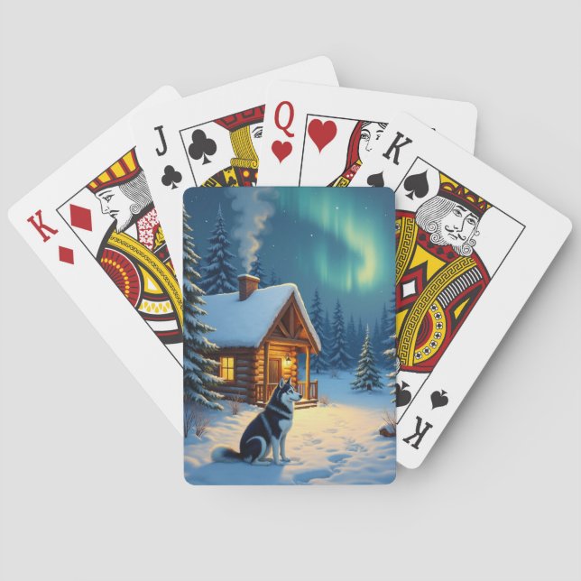 Jeu De Cartes Peinture de Noël de cabane enneigée avec Husky de  (dos)