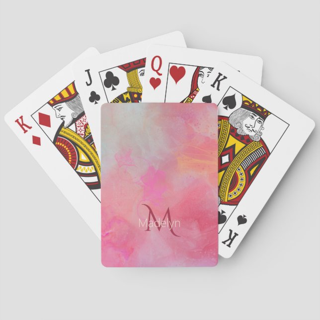 Jeu De Cartes Personalized Name + Monogram Pink Watercolor Ink (dos)
