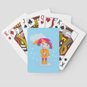 Jeu De Cartes Petite Fille en Imper Orange avec Parapluie Rose