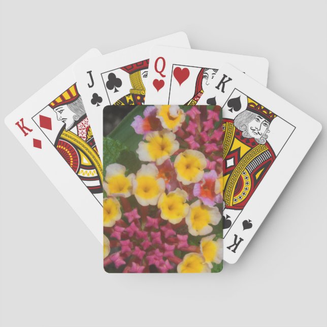Jeu De Cartes Petites Fleurs Tropicales Jaunes Aux Bureaux Roses (dos)