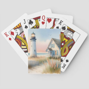 Jeu De Cartes Phare et cottage au bord de la mer, scène aquarell