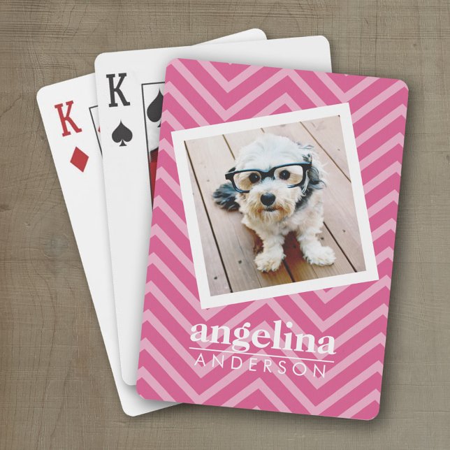 Jeu De Cartes Photo avec Hot Pink Chevron Motif Nom personnalisé (Personalized playing cards)