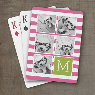Jeu De Cartes Pink Lime Striped Photo Collage Personnalisé Monog