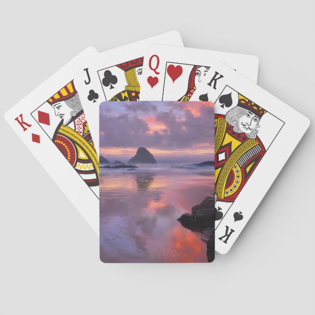 Jeu De Cartes Plage de l'Oregon et piles de mer, coucher de sole (dos)