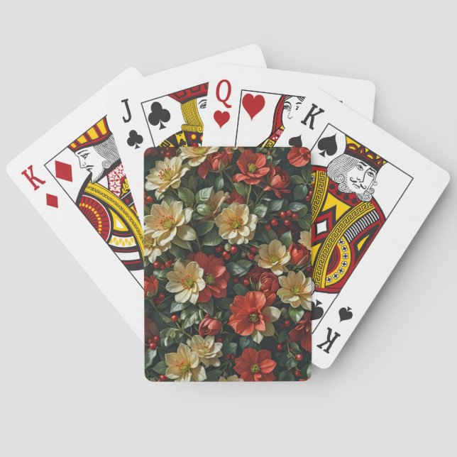 Jeu De Cartes Poinsetia, fleurs rétro en rouge et vert (dos)