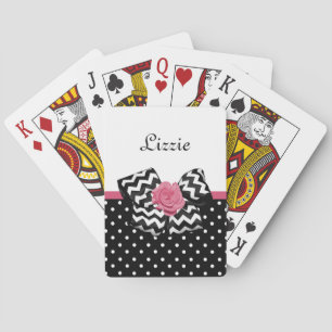 Jeu De Cartes Points noirs mignons Rose rose Chevron Bow et nom