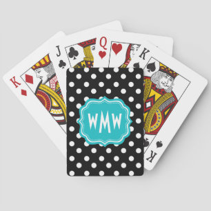 Jeu De Cartes Pois noirs et blancs avec Monogramme Turquoise