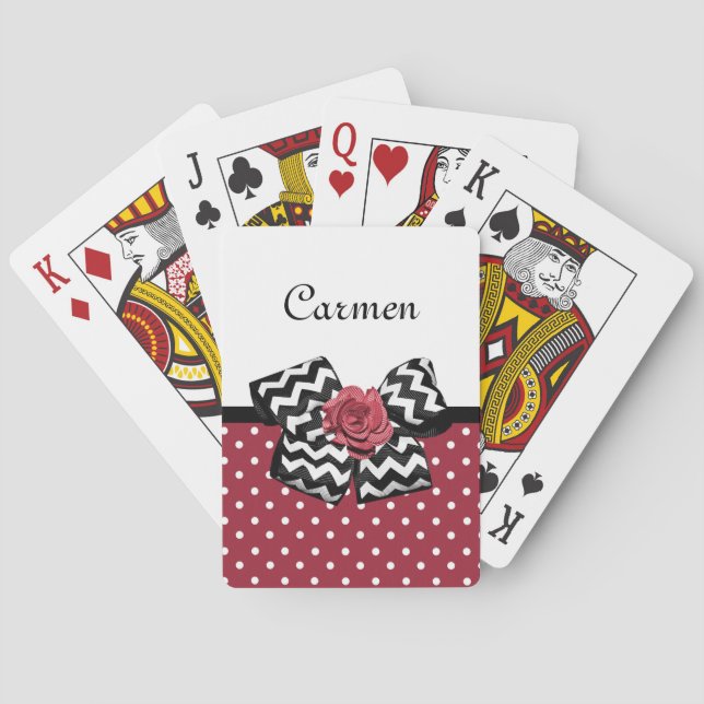 Jeu De Cartes Pois rouge et blanc mignon Rose Chevron Bow (dos)