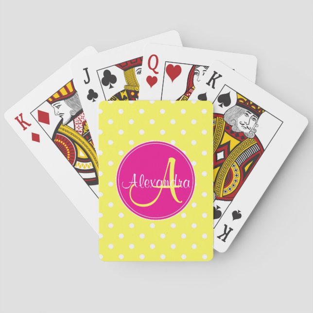 Jeu De Cartes Polka point monogramme nom initial chic jaune (dos)