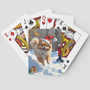 Jeu De Cartes Pomeranian courant dans la neige avec un chapeau d