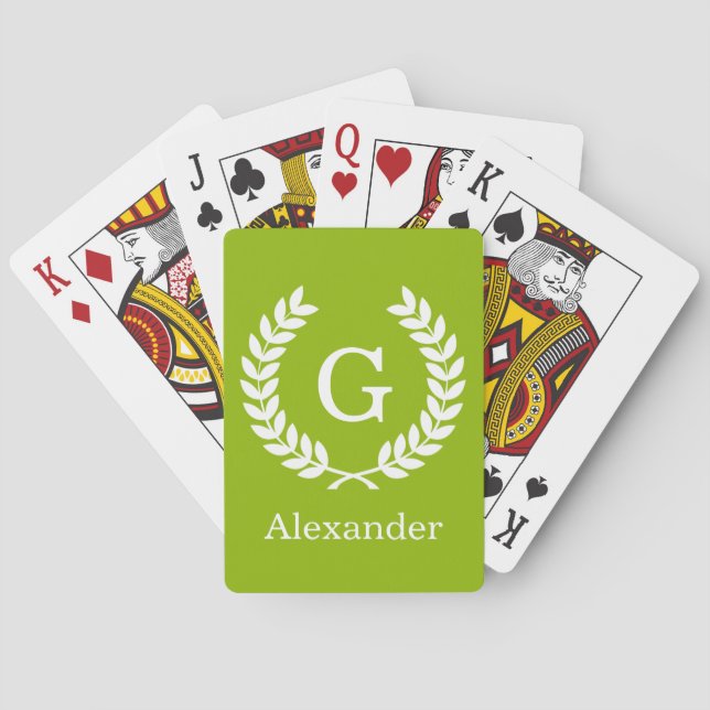 Jeu De Cartes Pomme vert blanc Laurel Wreath Initial Monogramme (dos)