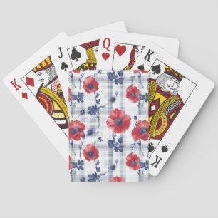 Jeu De Cartes Poppies rouges avec Feuilles bleus sur À damiers b