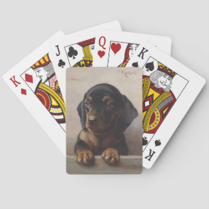 Jeu De Cartes Portrait à l'huile d'un chiot teckel vintage