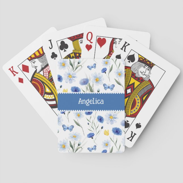 Jeu De Cartes Prairie de Fleurs Sauvages Aquarelle Bleue Nom (dos)