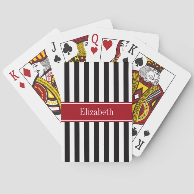 Jeu De Cartes Rayure Noir Blanc Cranberry Nom Monogramme (dos)