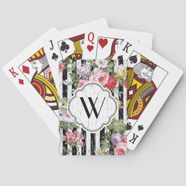 Jeu De Cartes Rayure noire patinée florale de monogramme (dos)