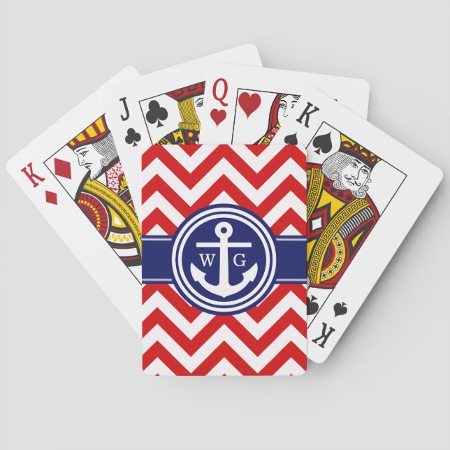 Jeu De Cartes Red Navy Blue Wht LG Chevron Ancre Monogramme (dos)