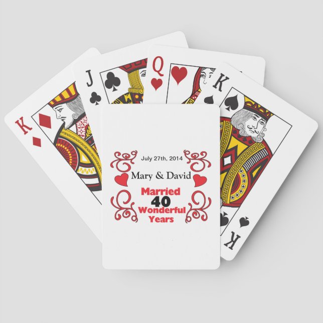 Jeu De Cartes Red Scroll & Hearts Noms et Date 40 Anniversaire (dos)