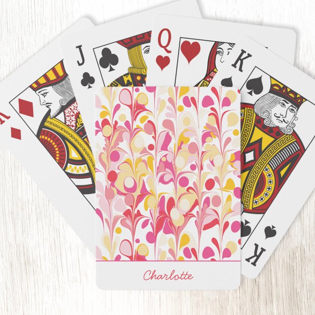 Jeu De Cartes Retro Marbre Abstrait Motif rose Personnalisé (Retro marble pink orange and yellow pattern personalized name playing cards)