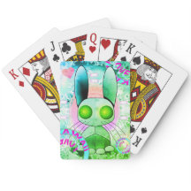 Robot vert bunny kawaii jouer aux cartes
