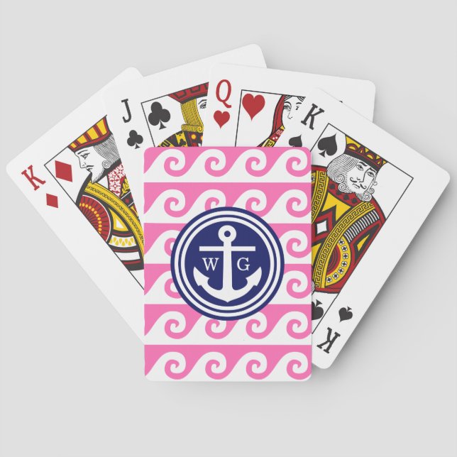 Jeu De Cartes Rose Chaud Bleu Marine Blanc Ancres Clés Grecques  (dos)