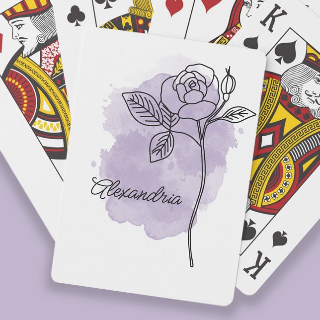 Jeu De Cartes Rose Fleur d'art de ligne Purple Aquarelle Nom (Line art drawing flower on purple watercolor. Personalized with your name or any other text. )